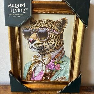 Leopard with Sunglasses & Tuxedo Gold Framed Wall Art Shiny Embellishments NWT
